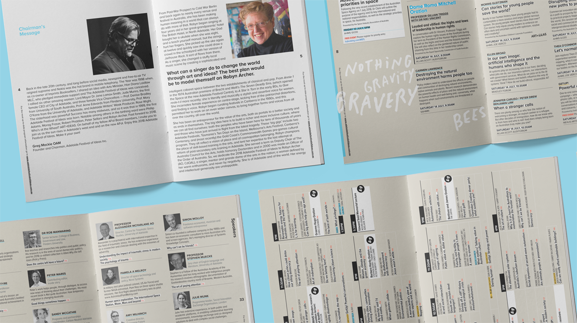 Adelaide Festival of Ideas - Printed program spreads - speakers, sessions, calendar