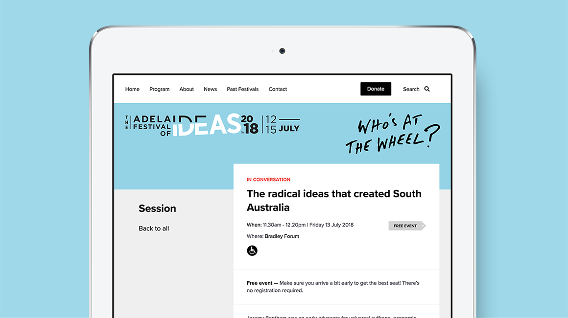 Adelaide Festival of Ideas - website, tablet view - Session details page