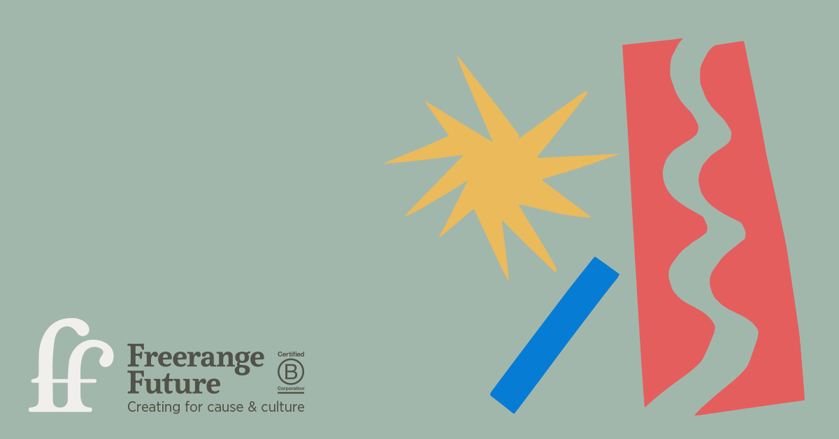 Graphic with the Freerange Future logo, and three shapes - a long rectangle, a wave cutout and a star