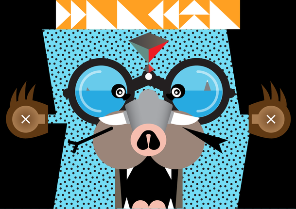 Abstract illustration of a face with glasses, and rodent nose and money ears