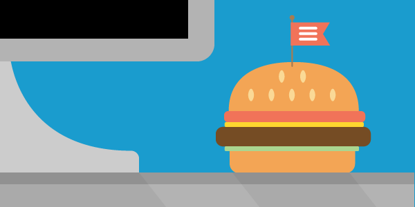 A burger on a desk, with a flag in the burger with a burger menu icon