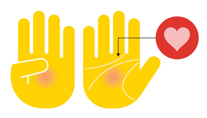 Two hands showing the heart line on the palm, with a heart icon.