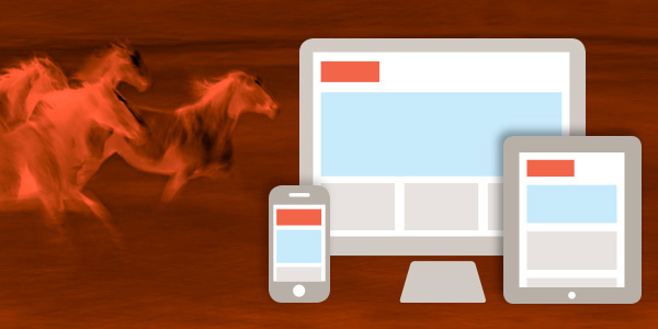Icons of desktop, tablet and mobile devices, with a background of red flaming horses