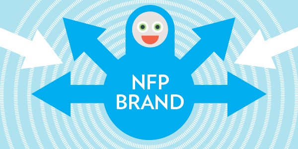 A blue character with 4 arrows for arms, pointing outwards and labelled 'NFP brand'. Two white arrows point inwards.