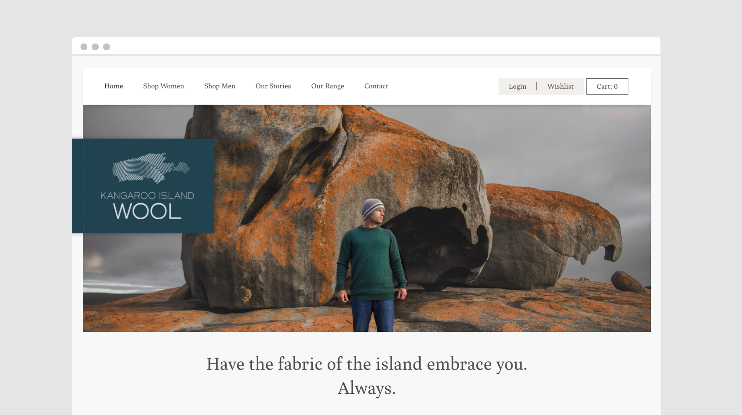 Kangaroo Island Wool homepage. Featured image is a man in a green woollen jumper at the remarkable rocks (Kangaroo Island landmark)