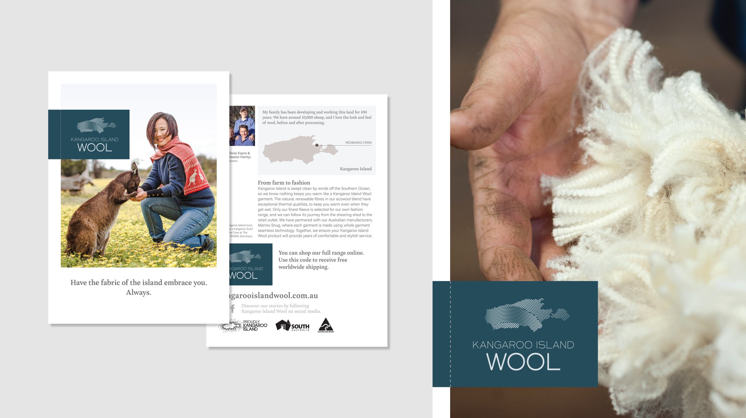 Kangaroo Island Wool - A4 flier, and photo detail of hands holding shaved wool.
