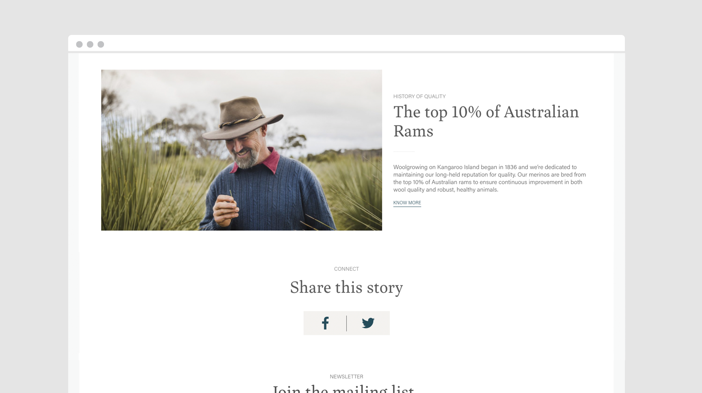 Kangaroo Island Wool website - 'The top 10% of Australia Rams', image of a middle-aged man in a woollen jumper looking down and smiling.