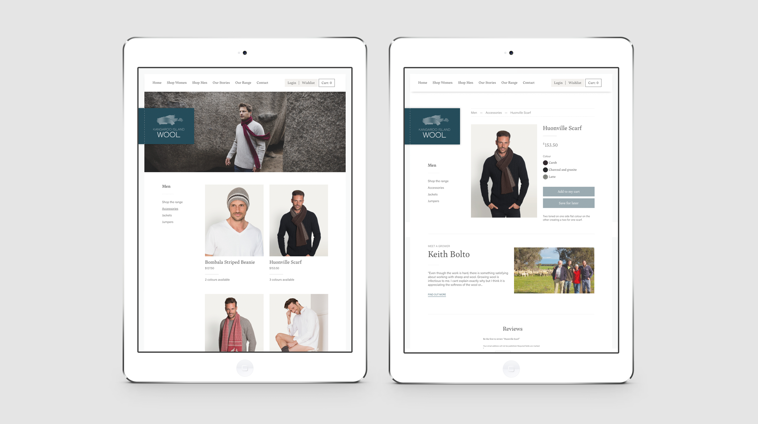 Kangaroo Island Wool website - tablet views of product listing and item detail page.