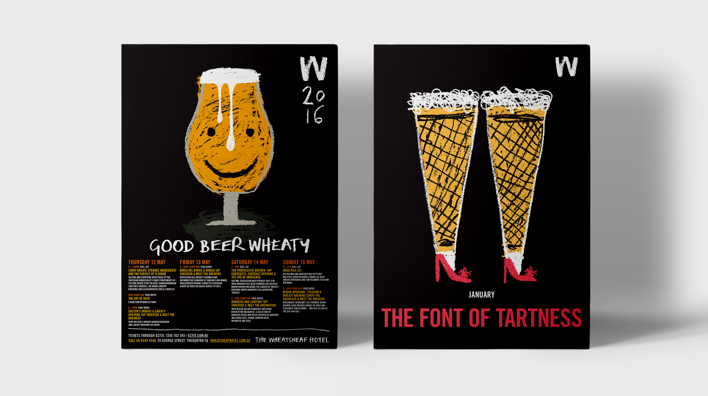 Wheatsheaf Hotel - Posters with custom illustrations - 'Good Beer Wheaty' (Smiling glass of beer), 'The font of tartness' (two frothy beers wearing high heels)