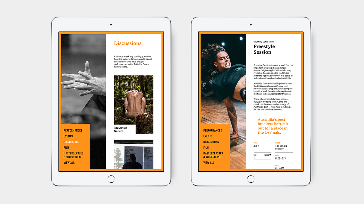 Adelaide Dance Festival - Website - Tablet views - Discussion & Event view