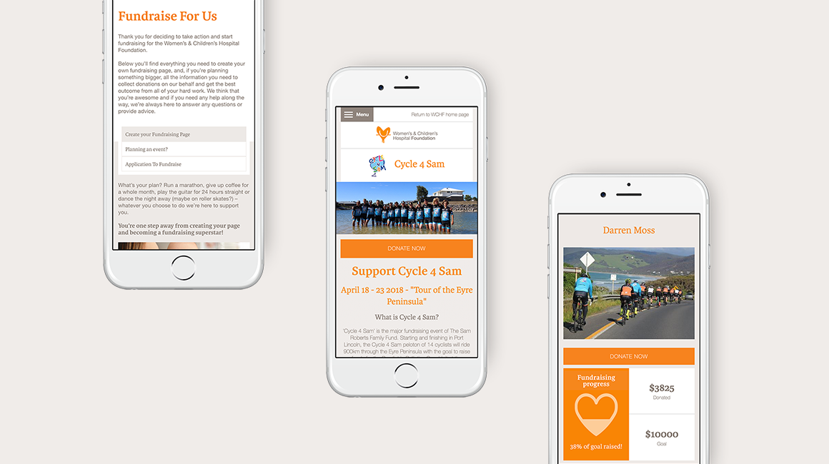 Women's and Children's Hospital Foundation - Peer to Peer Fundraising mobile views - Cycle 4 Sam