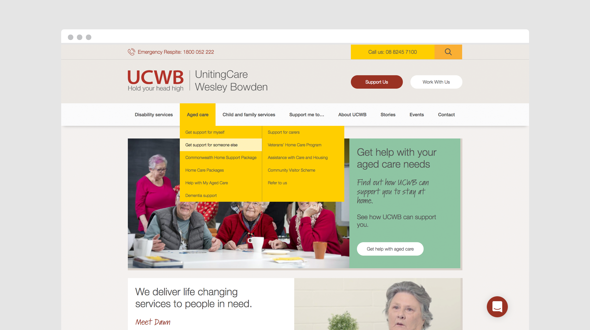 UnitingCare Wesley Bowden website homepage, with dropdown menu