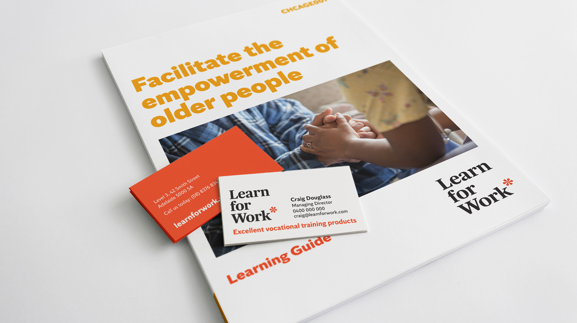 Learn for Work business cards and Learning manual cover