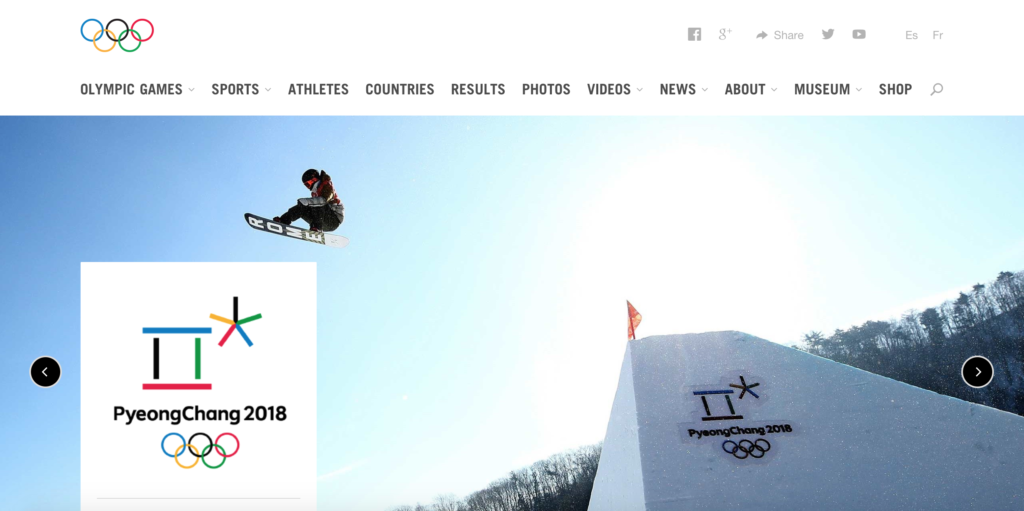 PyeongChang 2018 Olympics homepage. A skydiver is launched into the air next to the Olympic logo on the right side of the page.