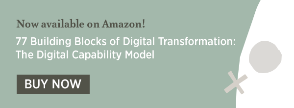 Line 1: Now available on Amazon! Line 2: 77 Building Blocks of Digital Transformation: The Digital Capability Model Button: Buy Now in Uppercase letters. 