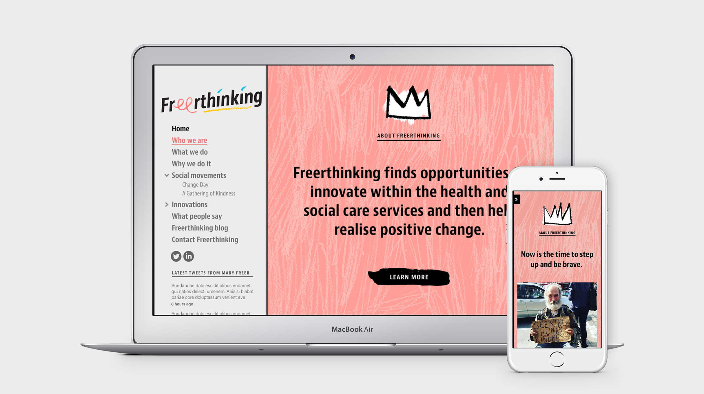 Freerthinking - website homepage on desktop & mobile