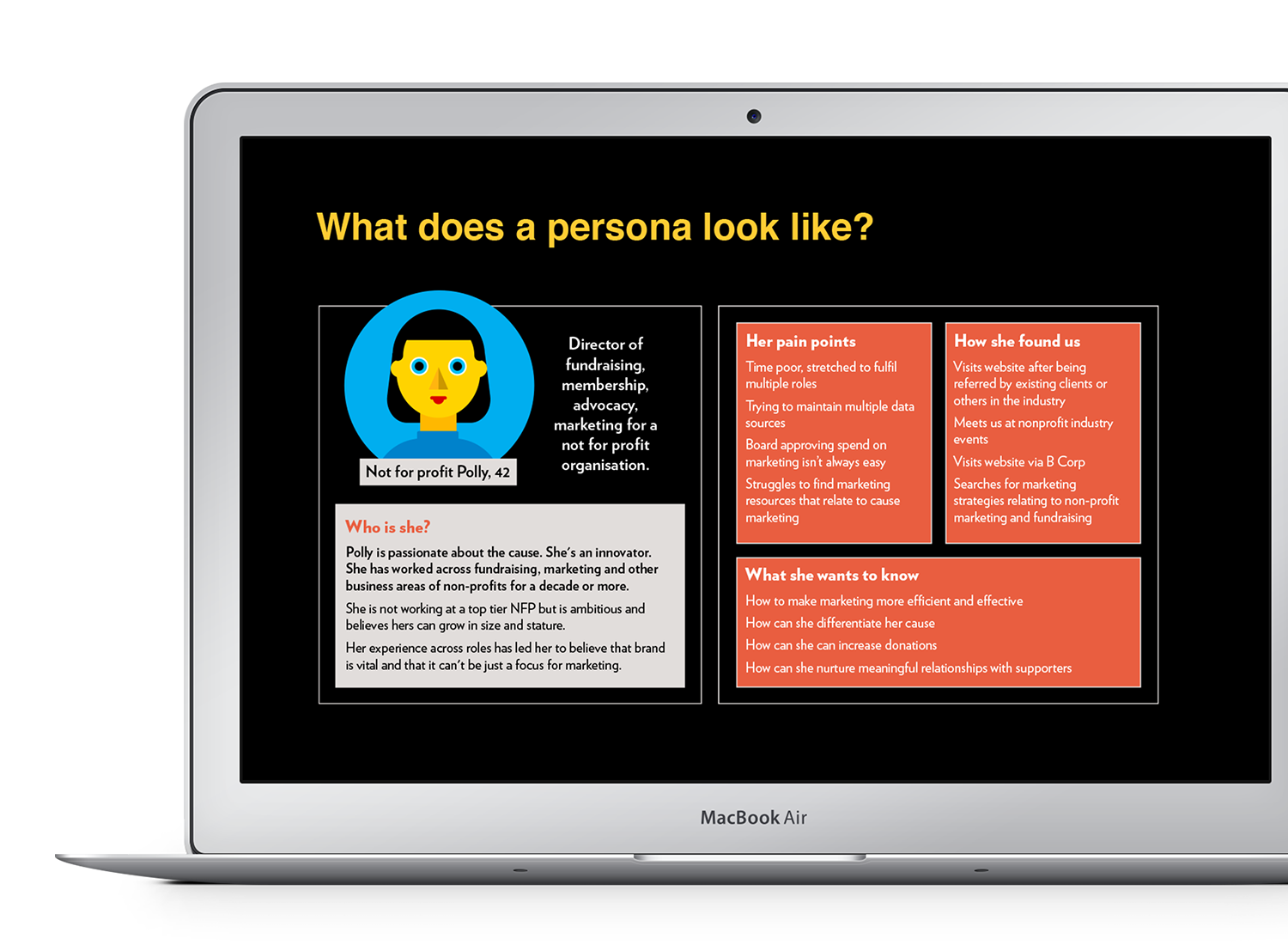 Laptop displays a webinar slide titled 'What does a persona look like?'