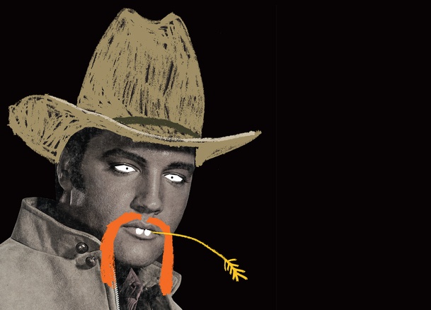 Elvis Presley photograph with overlaid illustrations of a large horseshoe moustache, cowboy hat and wheat frond.