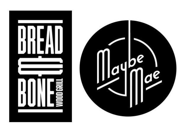 The Bread & Bone Woodgrill logo, and the Maybe Mae logo. Both are black and white