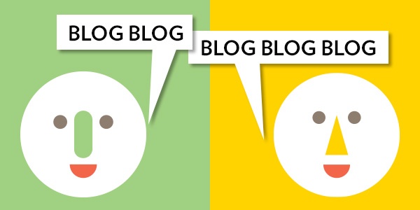 Two faces, each with a speech bubble. The face on the left says 'Blog blog', the face on the right says 'blog blog blog'