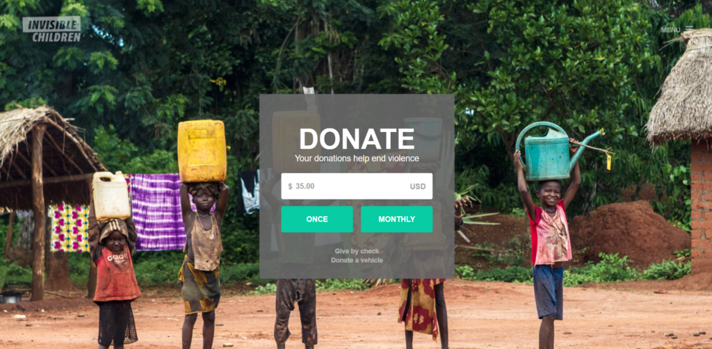 Image of a web donation form with children holding buckets of water on their heads in the background 