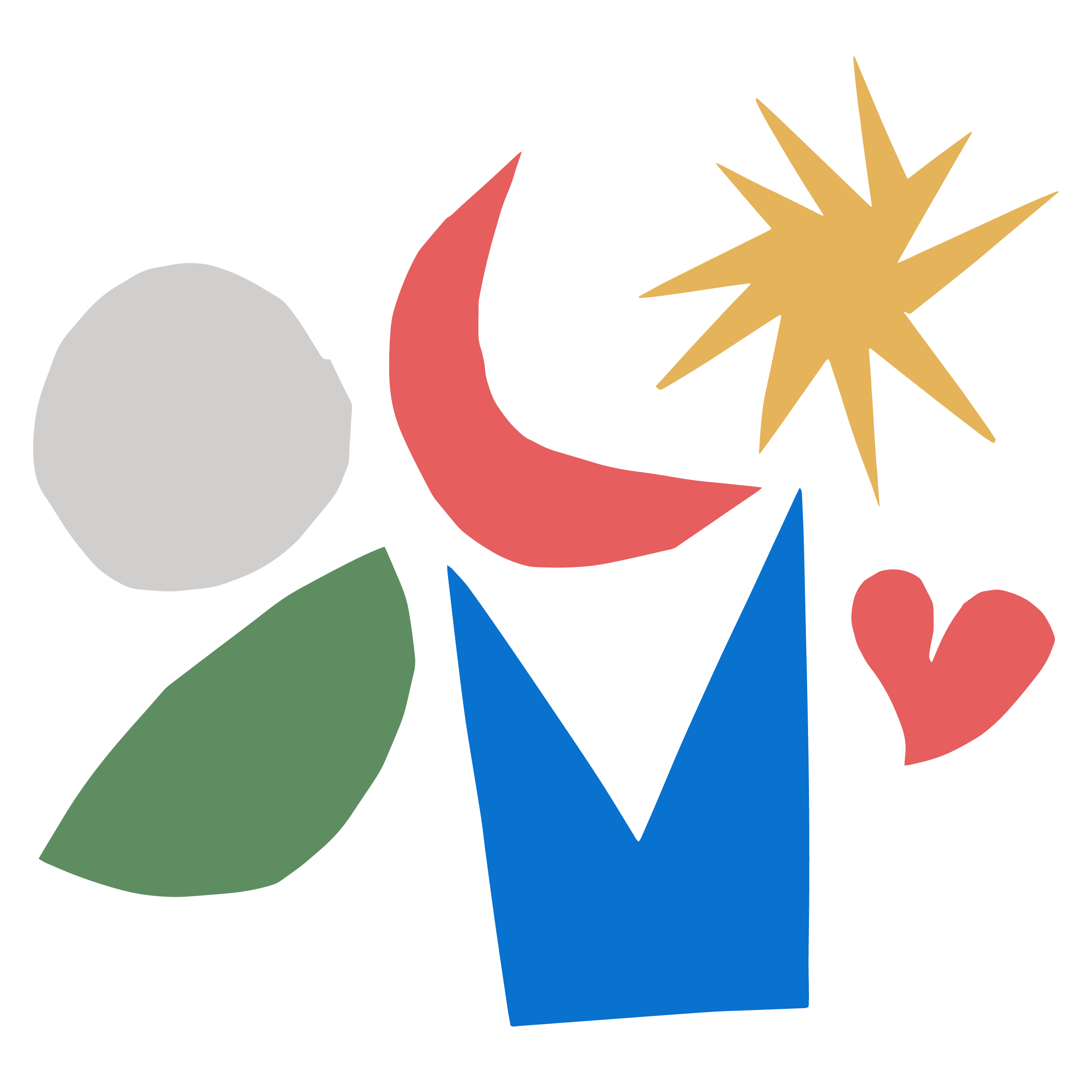 A collage of random symbols - a gray circle, a red crescent moon, a yellow spiky ball, a green leaf and a blue crown