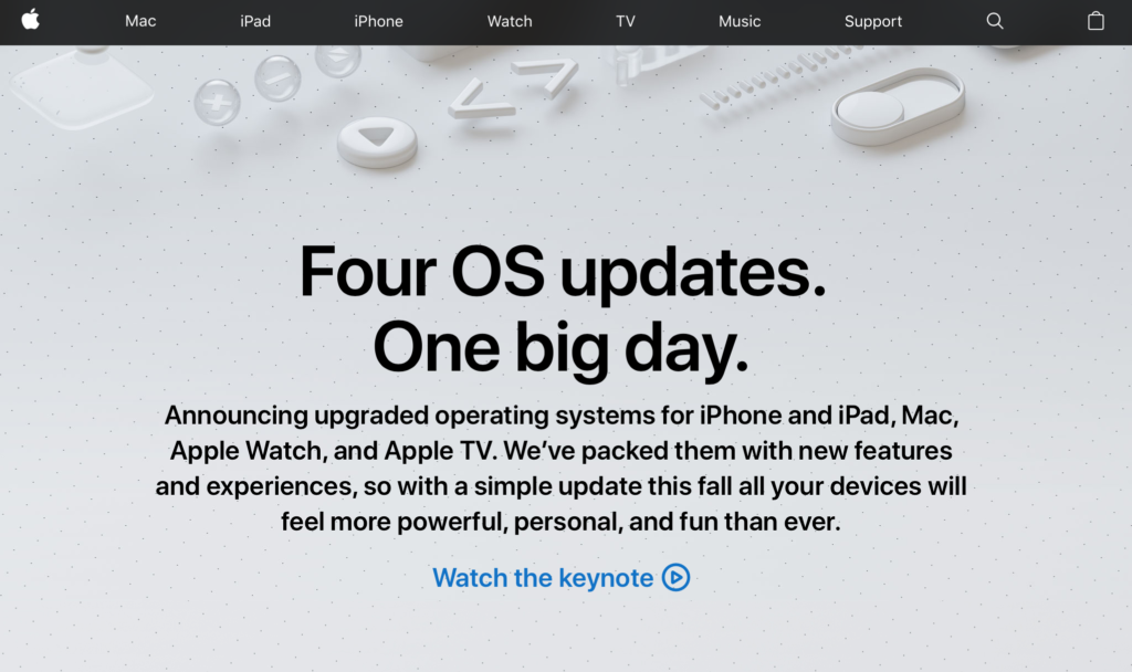 A screenshot of the Apple homepage. It has ample white space and concentrated text in the middle of the page