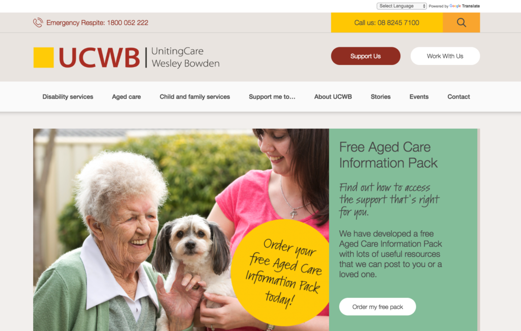 UnitingCare Wesley Bowden home page. An older woman is next to a dog and a lady. There is a yellow sticker with the words: 'Order your free Aged Care Information Pack today!'