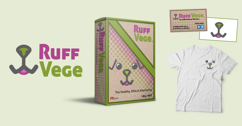 Some mockups of the branding and design work done by one of the work experience students. From left to right: Ruff Vege logo, packaging design, business cards and t shirt design.