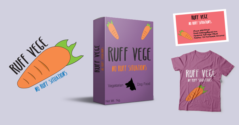 Some mockups of the branding and design work done by one of the work experience students. From left to right: Ruff Vege logo, packaging design, business cards and t shirt design.