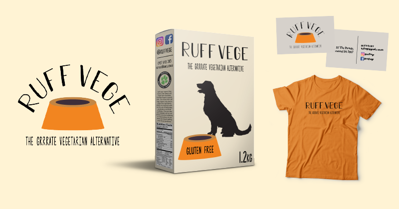 Some mockups of the branding and design work done by one of the work experience students. From left to right: Ruff Vege logo, packaging design, business cards and t shirt design.