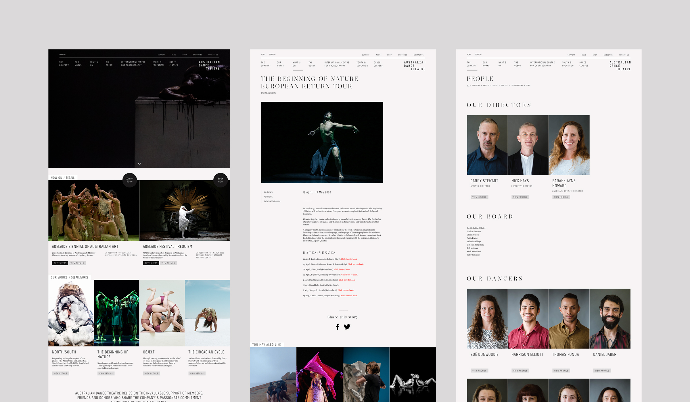 Australian Dance Theatre website page designs