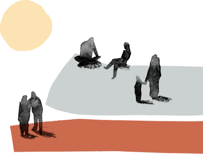 Illustration of people hanging out together under sun