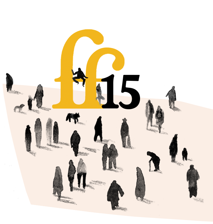 Freerange 15th birthday logo with people illustrations looking up at it
